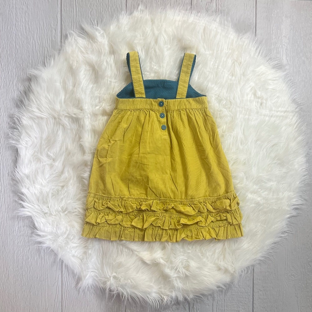 EUC [Mini Boden] Girls VNTG Corduroy Jumper | Yellow + Teal Ruffle Dress | 4 - 5